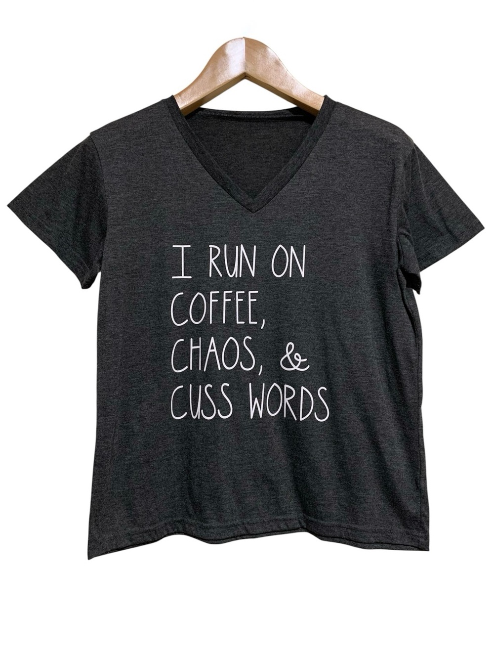 Graphic V‑Neck Tee Light Charcoal Gray with White Script Size Large Funny Humor